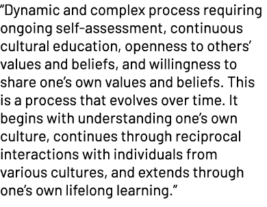 “Dynamic and complex process requiring ongoing self assessment, continuous cultural education, openness to others’ va...