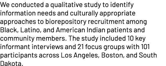 We conducted a qualitative study to identify information needs and culturally appropriate approaches to biorepository...